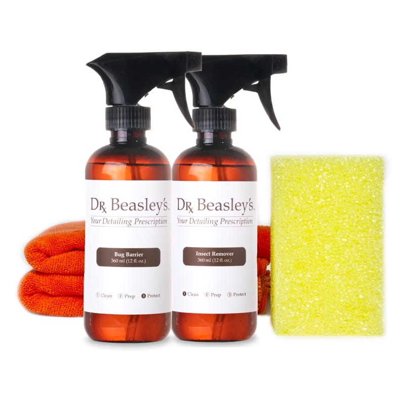 Image of Dr. Beasley's Bug Barrier Kit which includes, one bottle insect remover, one bottle of bug barrier, two microfiber towels, and a bug sponge.