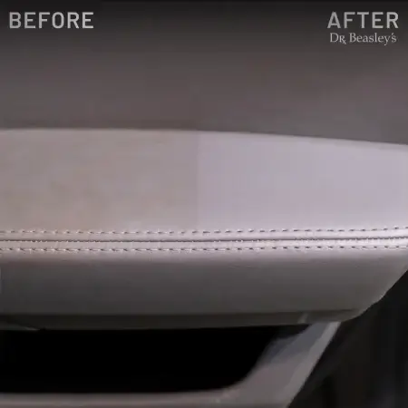 Comparison: Dirty grey leather of door card on the left versus clean grey leather of the door card after using Fine Leather Cleanser on the right.