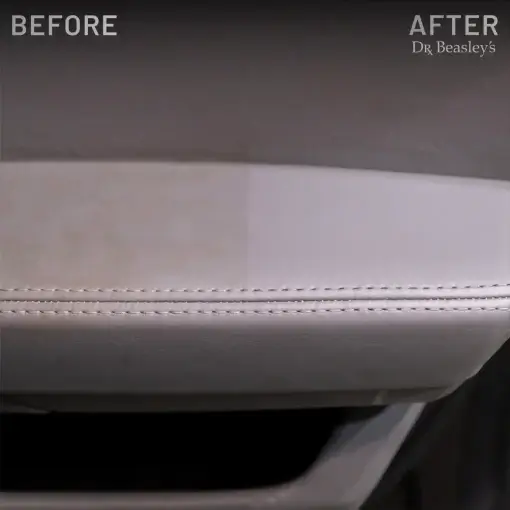 Comparison: Dirty grey leather of door card on the left versus clean grey leather of the door card after using Fine Leather Cleanser on the right.