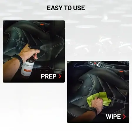 Easy To Use Process of Fine Leather Cleanser demonstrated on black leather seats with white stitching steps: prep, wipe.