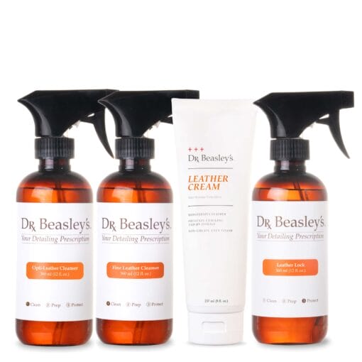 The Dr. Beasley's Fine Leather Prescription includes one bottle of Opti-Leather Cleanser, Fine Leather Cleanser, Leather Lock and a tube of Leather Cream.