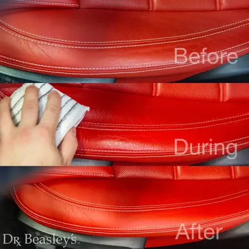 Red seats before, during, and after leather conditioning using Leather Cream.