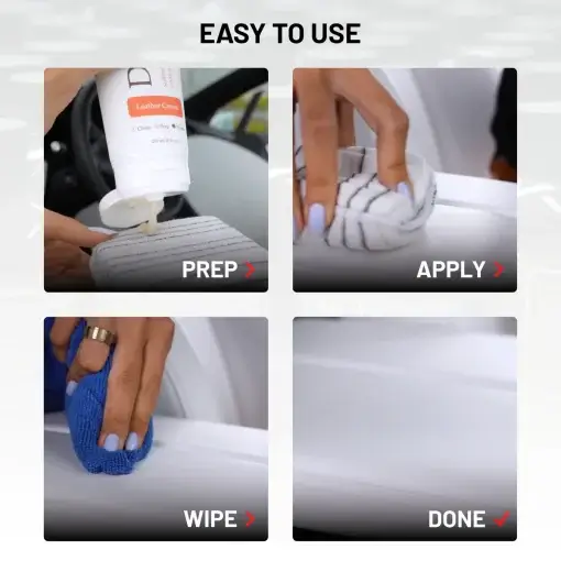 Easy to use process of Leather Cream demonstrated on a white leather interior. Steps: prep, apply, wipe, done.