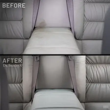 Comparison image: Grey leather interior before and after using Opti-Leather Cleanser. Before image shows leather with a dark stain, while after image shows leather restored without the stain.