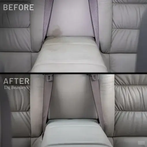 Comparison image: Grey leather interior before and after using Opti-Leather Cleanser. Before image shows leather with a dark stain, while after image shows leather restored without the stain.