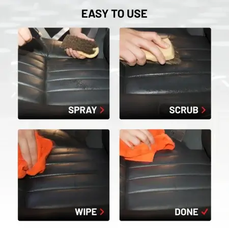 Easy To Use Process of Opti-Leather Cleanser demonstrated on black leather seats with steps: spray, scrub, wipe, done.