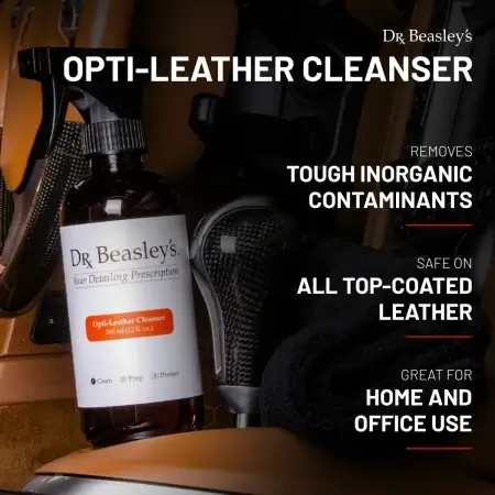 Image of a 12 oz bottle of Opti-Leather Cleanser placed inside a brown leather interior. On the right side, text describes the product benefits