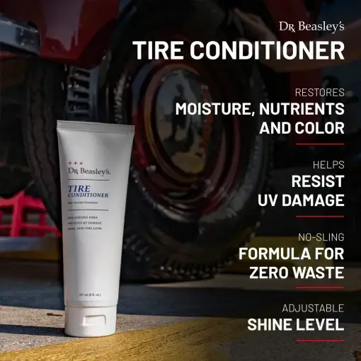 Tire Conditioner 8 oz bottle displayed in front of a conditioned black tire.