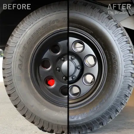 Comparison of a faded grey tire on the left and a restored black tire after using Tire Conditioner on the right.