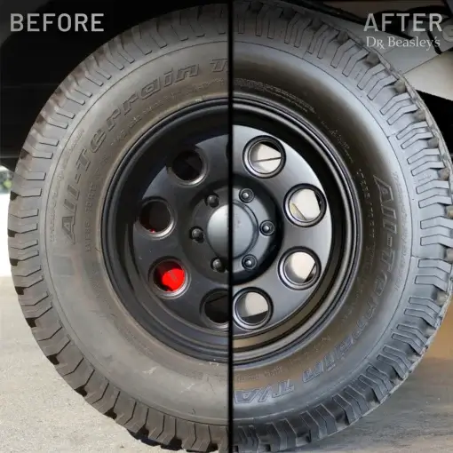 Comparison of a faded grey tire on the left and a restored black tire after using Tire Conditioner on the right.