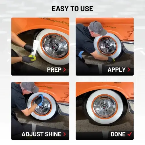 Easy To Use Process demonstrated on an orange classic car with whitewall tires in four steps: prep, apply, adjust shine, done.