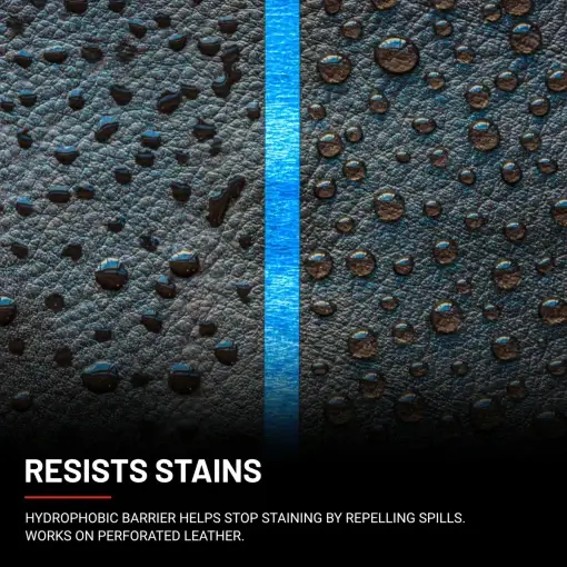 Image showing water repelling effect on dark leather. Left side demonstrates zero water resistance, while the right side exhibits solid water repellency after using Fine Leather Prescription.