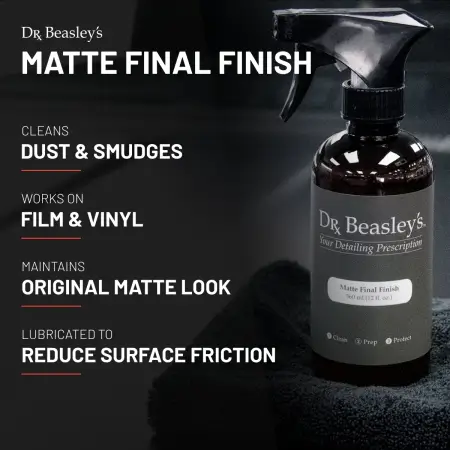 A 12 fl oz bottle of Matte Final Finish positioned on top of a matte grey hood.