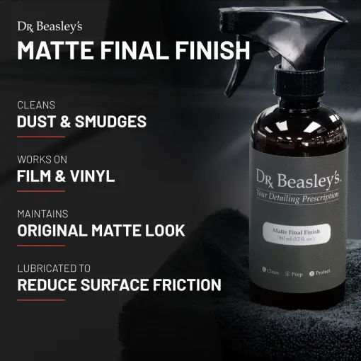 A 12 fl oz bottle of Matte Final Finish positioned on top of a matte grey hood.