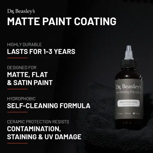 A 4 fl oz bottle of Matte Paint Coating positioned on a matte grey hood with dark lighting surrounding it.