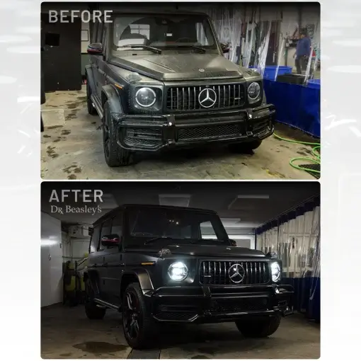 A Matte Black G-Wagen shown dirty before and clean after using Matte Paint Prescription
