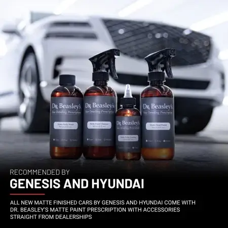 Four bottles of Matte Paint Prescription in front of a matte white Genesis GV80.