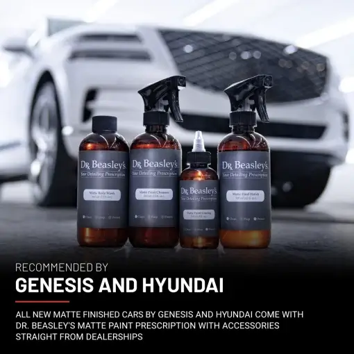 Four bottles of Matte Paint Prescription in front of a matte white Genesis GV80.