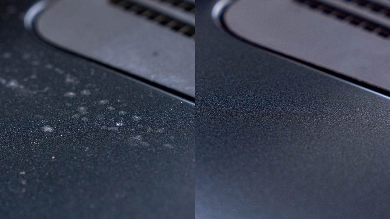 Before and after removing water spots from matte finish paint on a car