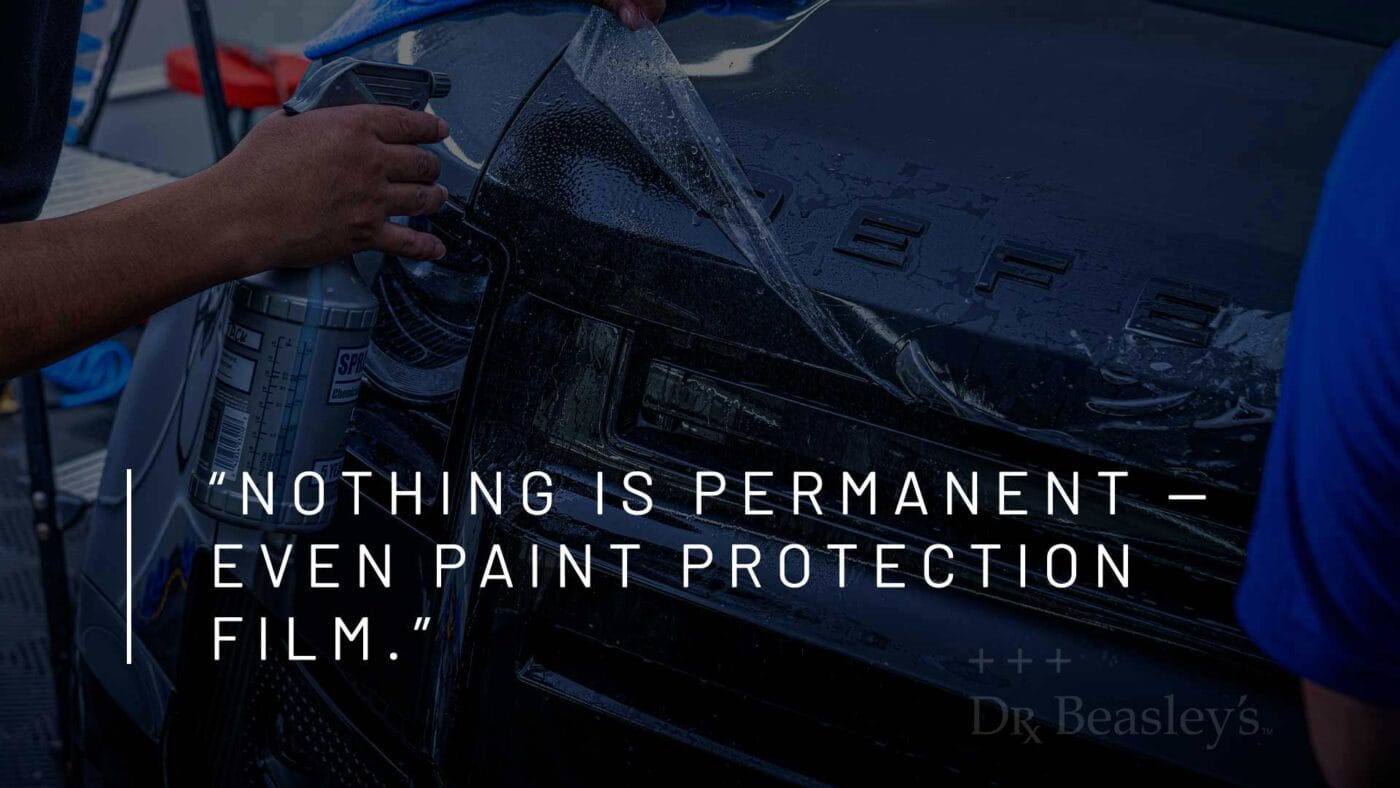A pull quote reading "Nothing is permanent, even paint protection film." over an image of PPF being installed on a Land Rover Defender.