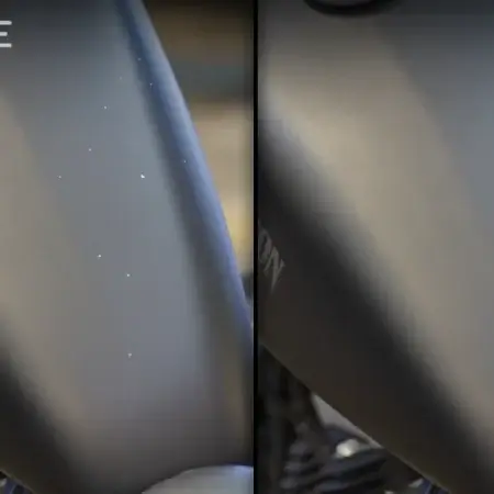 Comparison of stains on matte black motorcycle fuel tank: left side before, and the same tank clean on the right side after using Matte Motorcycle Prescription.
