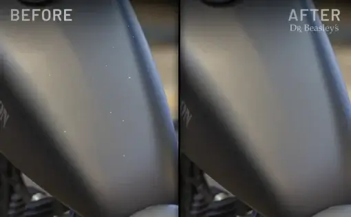 Comparison of stains on matte black motorcycle fuel tank: left side before, and the same tank clean on the right side after using Matte Motorcycle Prescription.