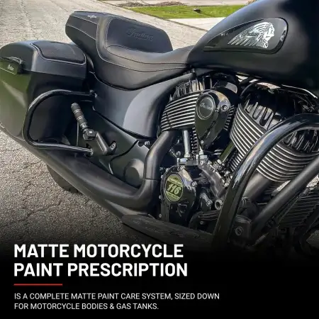 Matte black Indian motorcycle, with an explanation of what Matte Motorcycle Prescription is at the bottom.