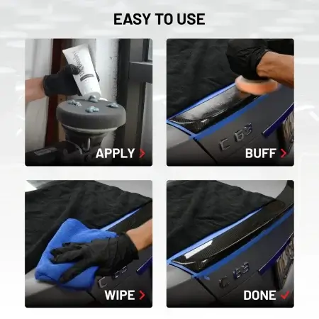 Easy to use process of Carbon Glaze. Steps: apply, buff, wipe, done.