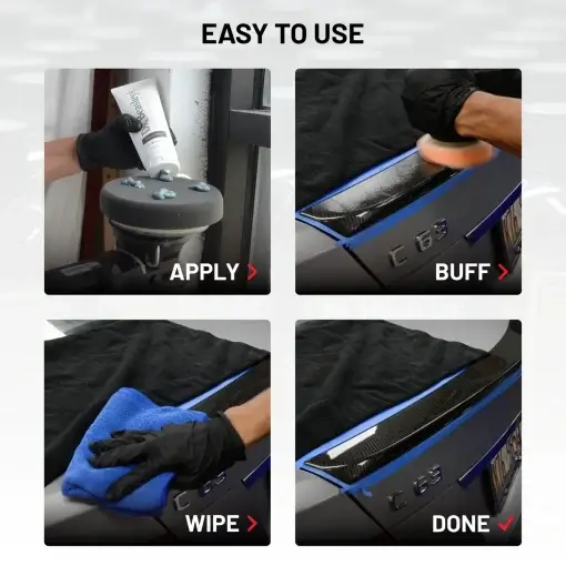 Easy to use process of Carbon Glaze. Steps: apply, buff, wipe, done.