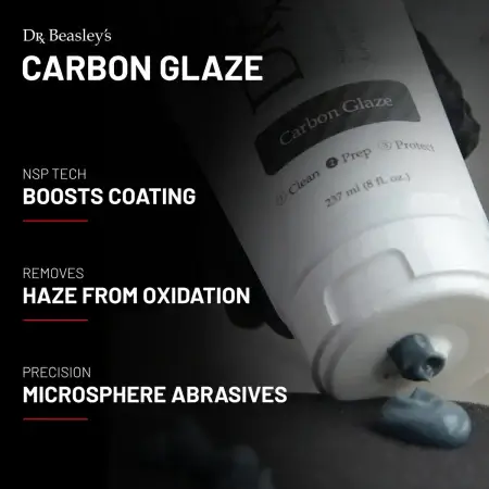 An 8 oz bottle of Carbon Glaze with benefits showcased: NSP TECH BOOSTS COATING REMOVES HAZE FROM OXIDATION PRECISION MICROSPHERE ABRASIVES