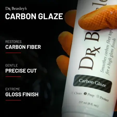 An 8 oz bottle of Carbon Glaze with benefits showcased: RESTORES CARBON FIBER GENTLE PRECISE CUT EXTREME GLOSS FINISH