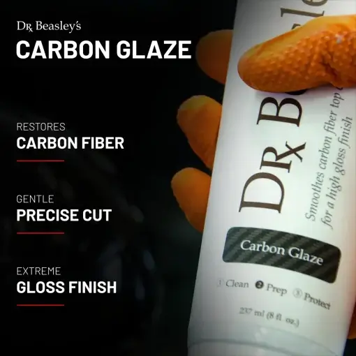 An 8 oz bottle of Carbon Glaze with benefits showcased: RESTORES CARBON FIBER GENTLE PRECISE CUT EXTREME GLOSS FINISH