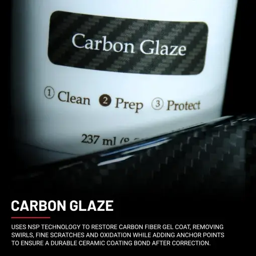 Close-up of an 8 oz tube of Carbon Glaze with text explanation below: "Uses NSP technology to restore carbon fiber gel coat, removing swirls, fine scratches, and oxidation while adding anchor points to ensure a durable ceramic coating bond after correction."