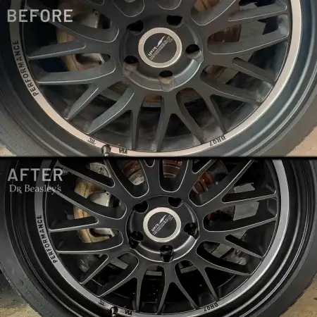 Matte black wheel dirty before and clean after using Matte Wheel Cleanser