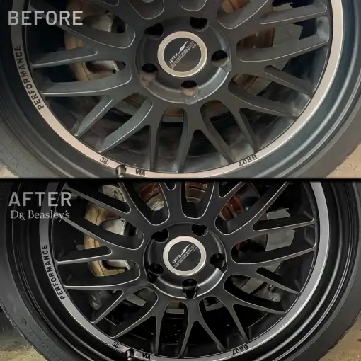 Matte black wheel dirty before and clean after using Matte Wheel Cleanser
