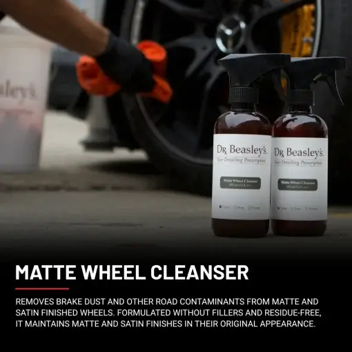 Matte Wheel Seal and Matte Wheel Cleanser showcased in front of matte black Mercedes C63 AMG wheels.