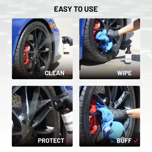 Easy To Use process demonstrated on deep blue Porsche GT4's matte black wheels: Clean, Wipe, Protect, Wipe.