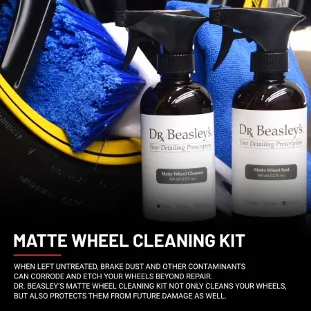 Matte Wheel Cleaning Kit showcased in front of matte black Mercedes C63 AMG wheels with a yellow stripe.