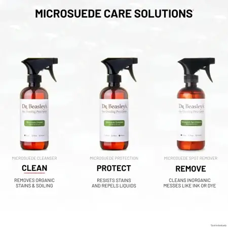 Microsuede Care Regimen consists of three products and three steps: Step one: Microsuede Cleanser, Step two: Microsuede Spot Remover, Step three: Microsuede Protection.