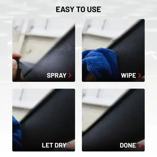 Easy to use process of Microsuede Cleanser. Steps: spray, wipe, let dry, done.