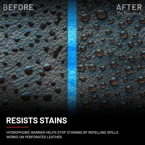 Left side: Water drops soaked into black leather surface. Right side: Repelled water drops on black leather surface after using Leather Lock.