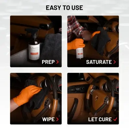 Easy to use process of Leather Lock demonstrated on a brown leather interior. Steps: prep, saturate, wipe, let cure.