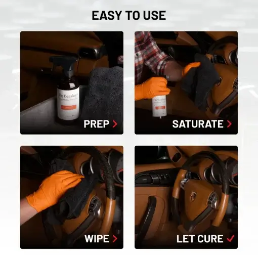 Easy to use process of Leather Lock demonstrated on a brown leather interior. Steps: prep, saturate, wipe, let cure.
