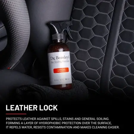 A 12 oz bottle of Leather Lock placed inside a black leather interior with stitching in the form of honeycombs.