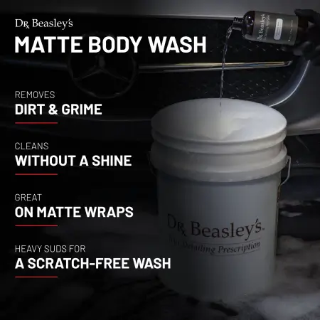A 12 fl oz bottle of Matte Body Wash pouring into a white bucket with a Matte Grey Mercedes in the background
