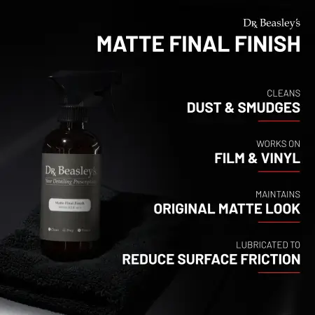 A 12 fl oz bottle of Matte Final Finish placed on a matte grey hood with dark lighting around.