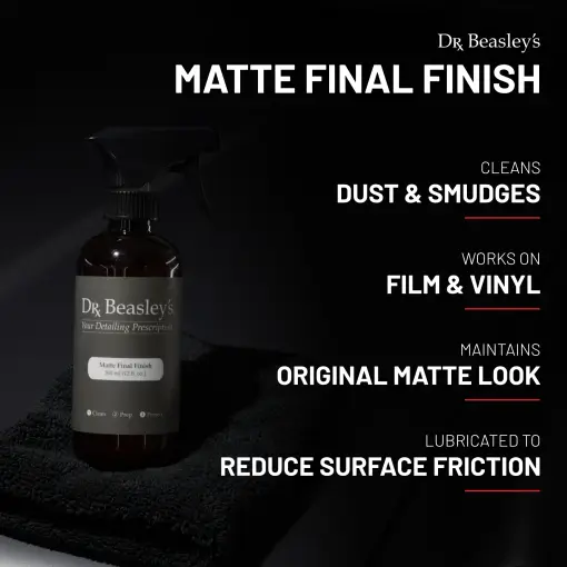 A 12 fl oz bottle of Matte Final Finish placed on a matte grey hood with dark lighting around.