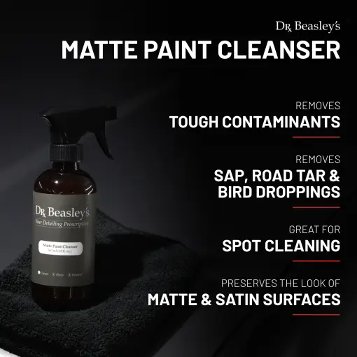 A 12 fl oz bottle of Matte Paint Cleanser placed on a matte grey good with dark lighting around.