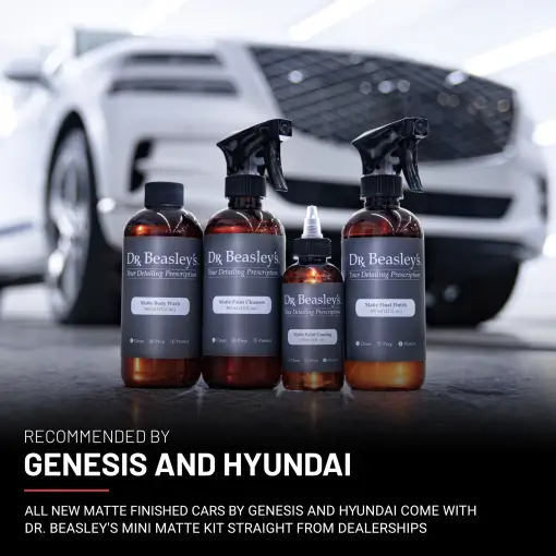Four bottles of Matte Paint Prescription in front of a matte white Genesis GV80.