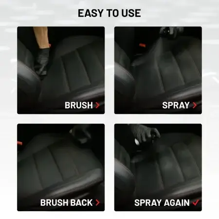 Four-step usage guideline: Step one: Brush, Step two: Spray, Step three: Brush back, Step four: Spray again.